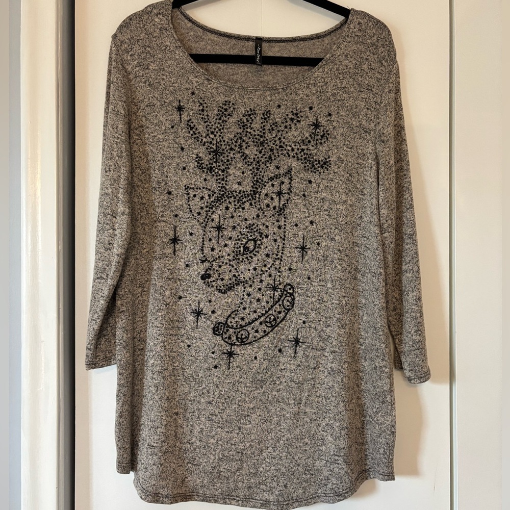 Sweet Clarity Gray Reindeer Beaded Top L Women’s Holiday Christmas Made in USA
